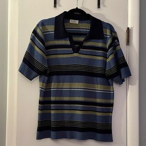 White Stag Collared Short Sleeve Top with Blue and Green Stripes